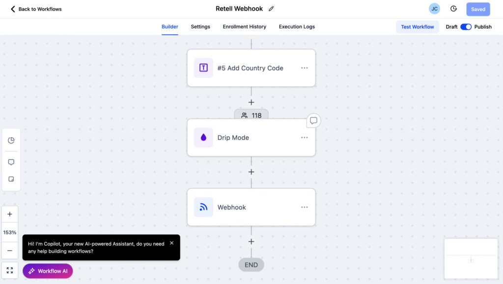 GHL workflow which sends lead data to N8N via webhook. 